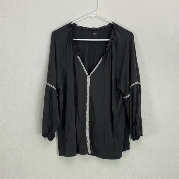 Garnet Hill Women Gray White Embroidered Top XL Ruffle Neck Blouse Tencel Blend - Picture 1 of 6